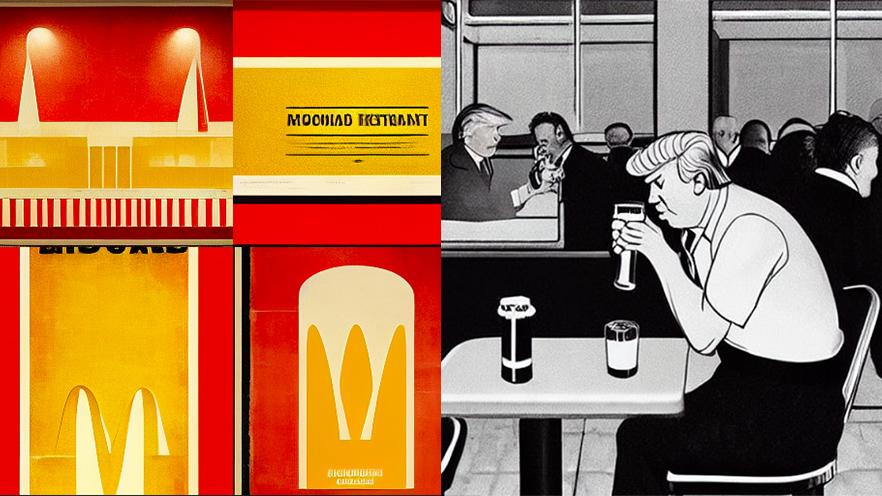I det nya avsnittet av ”I själva verket” pratar Mattias Beijmo och Ulrika Stahre om AI och konst. Här syns AI-konstnärens svar på prompterna ”Soviet style poster for McDonalds” samt ”Donald Trump having a beer in a diner Edward Hopper nighthawk style”. 