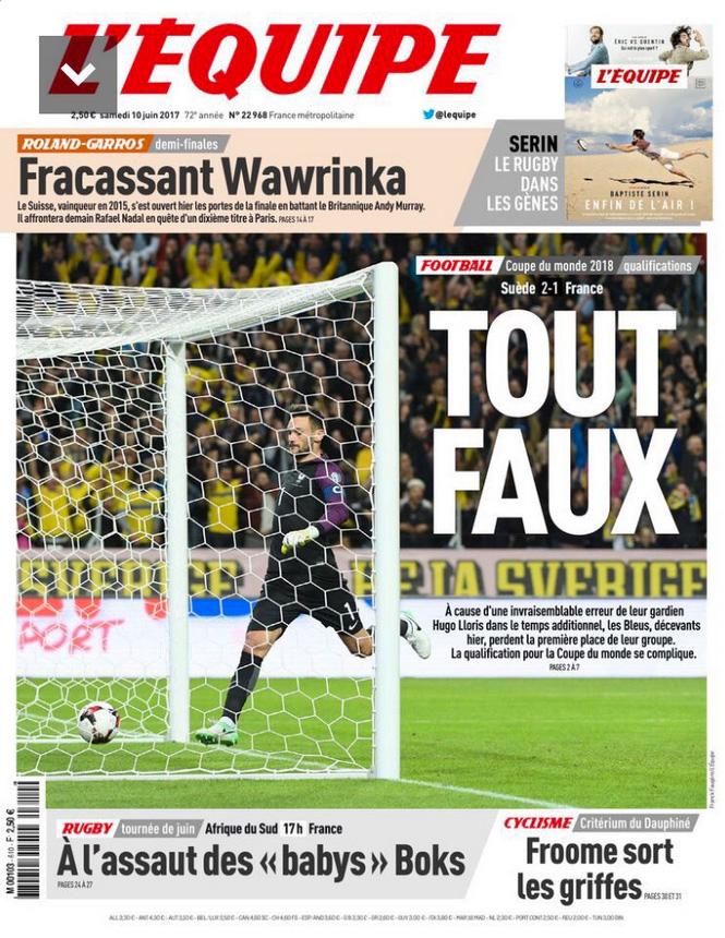 Franska L’Equipe i dag med rubriken ”TOUT FAUX” (HELT FEL).