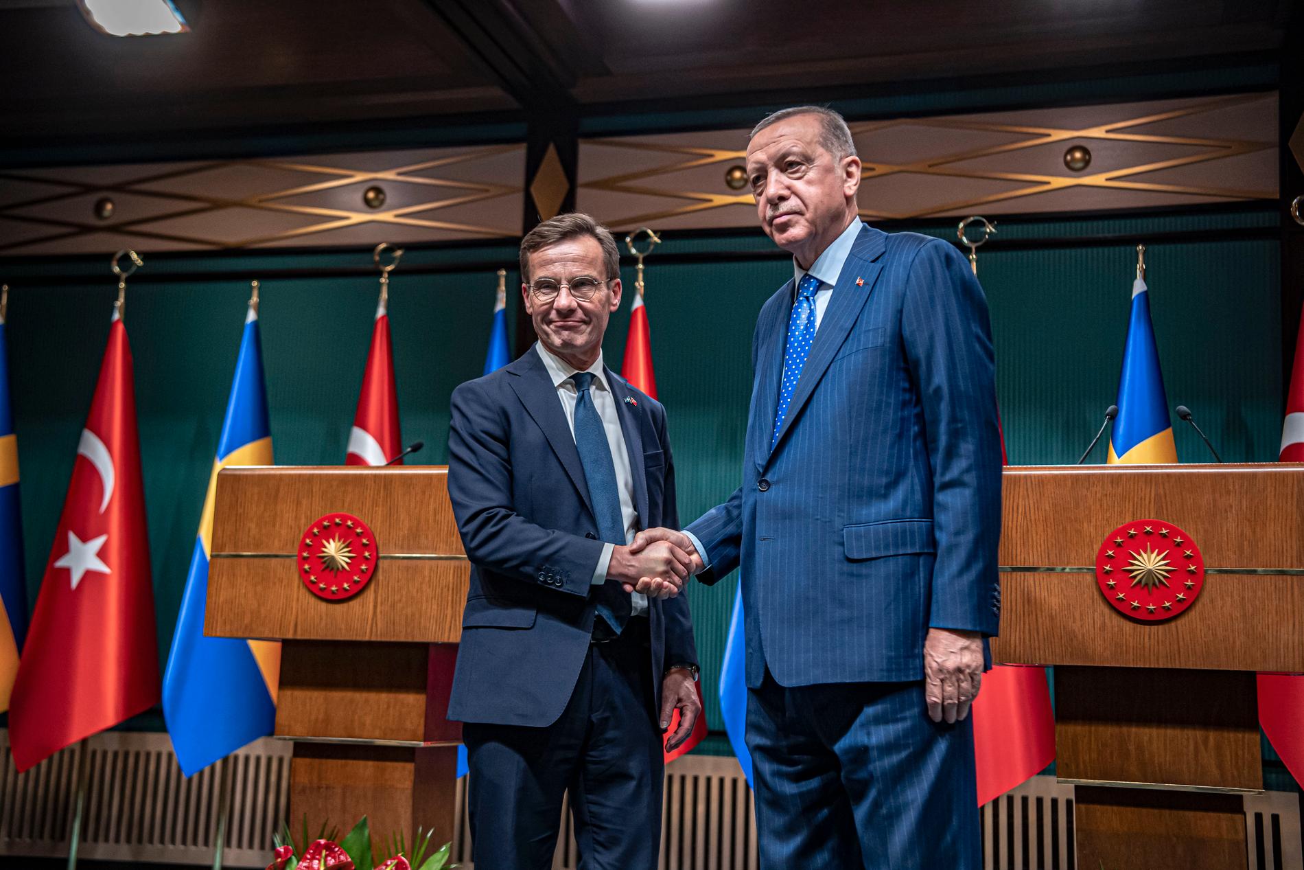 Statsminister Ulf Kristersson (M) och Turkiets president Erdogan på en gemensam pressträff i Turkiet.