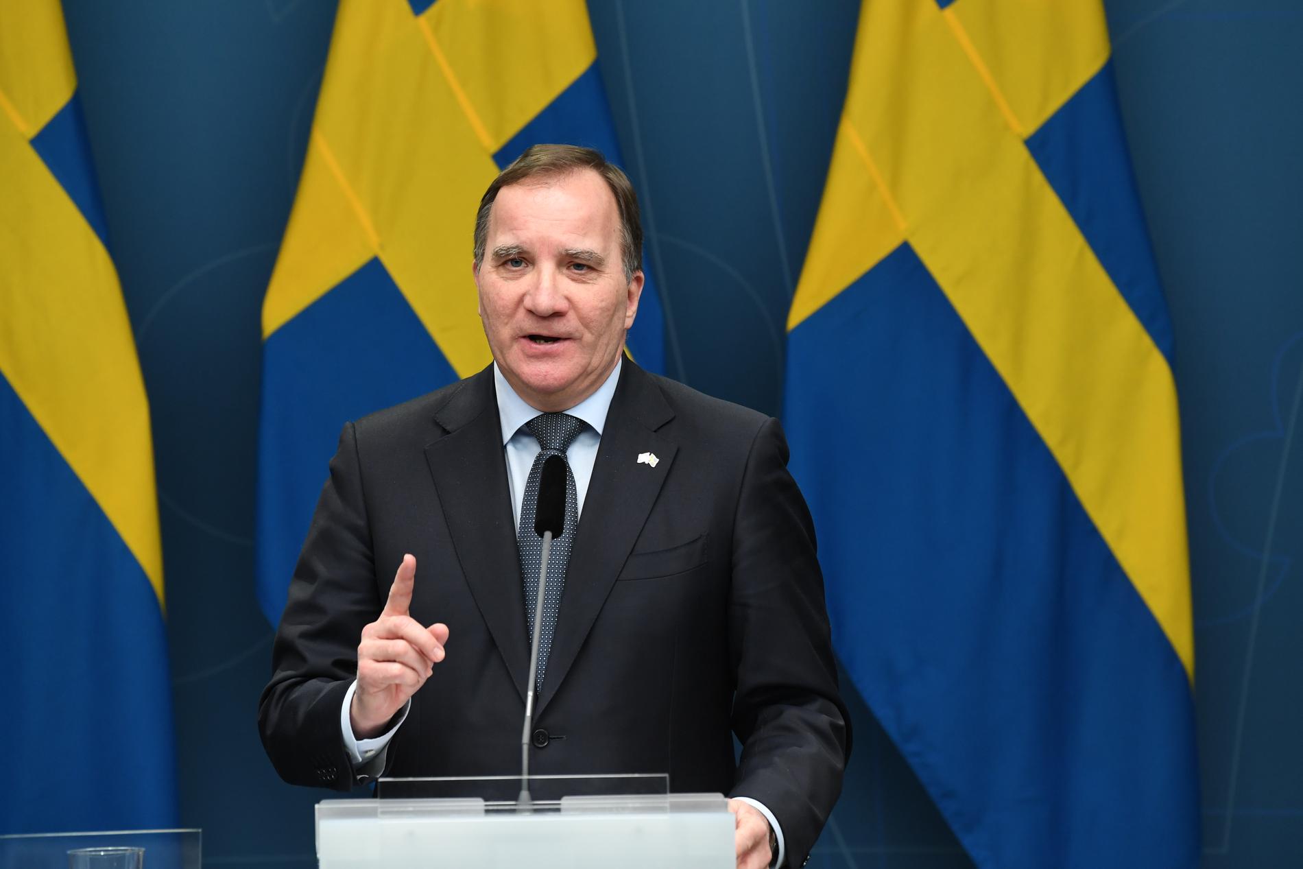 Statsminister Stefan Löfven vid en tidigare pressträff om coronaåtgärder.