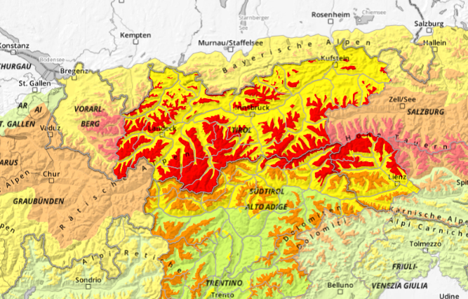 Lavinkarta österrikiska Tyrolen. 