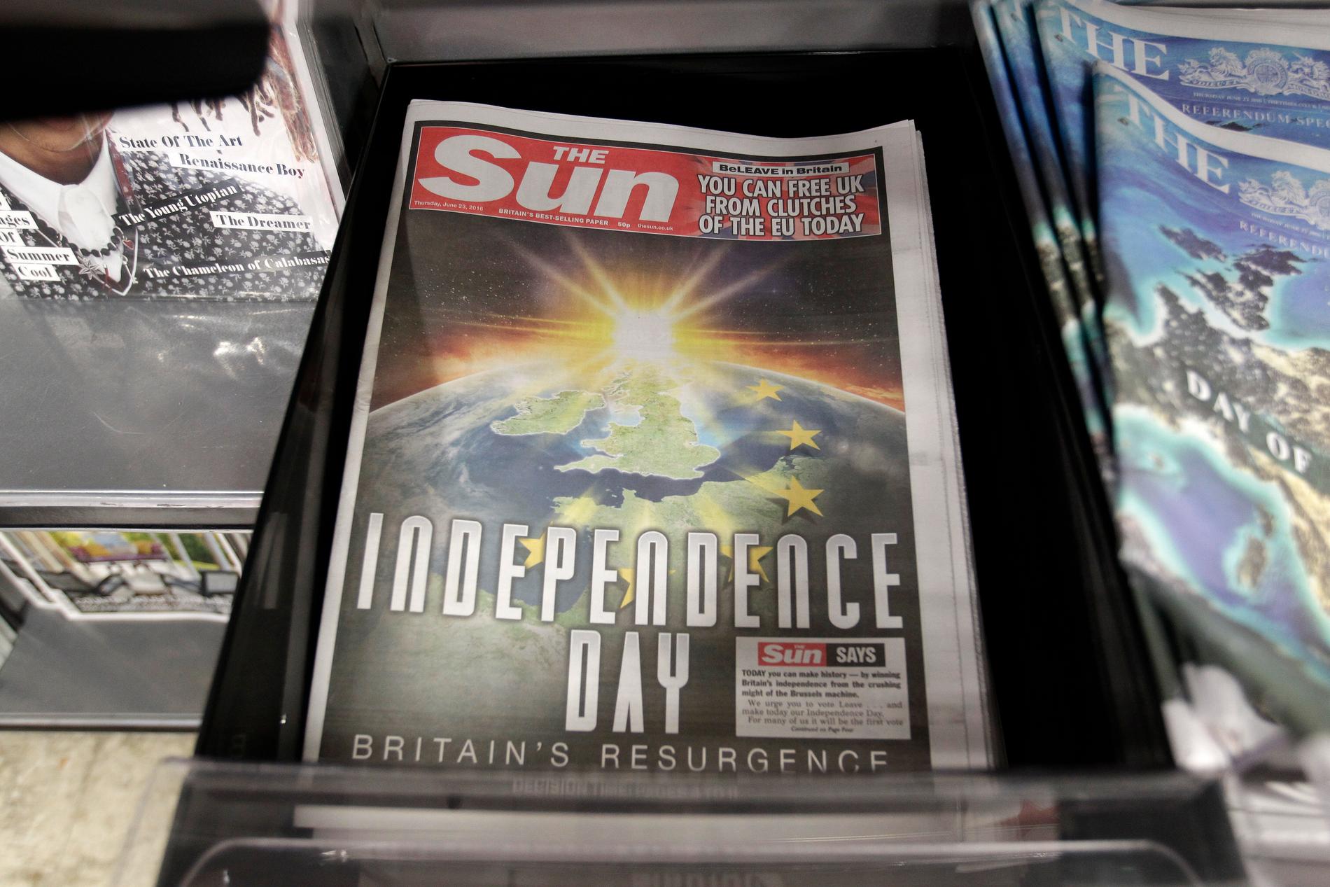 En brittisk självständighetsdag – independence day – var vad tidningen The Sun hoppades på inför folkomröstningen der 23 juni 2016. Tidningen fick som den ville, men än är brexitdramat ändå inte klart. Arkivfoto.