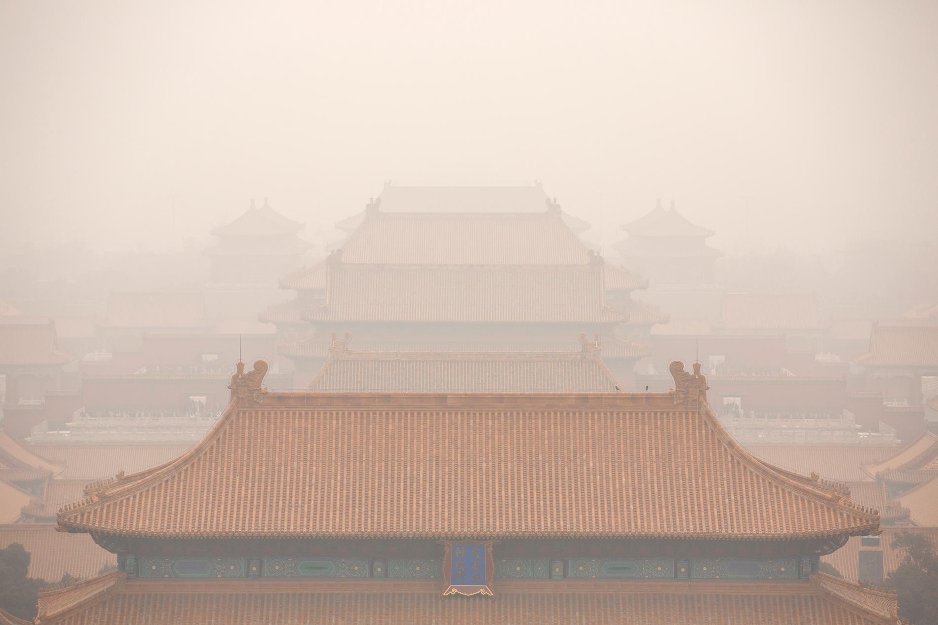 Höga halter av luftföroreningar syns från en bild tagen i januari vid den Förbjudna staden i Peking.