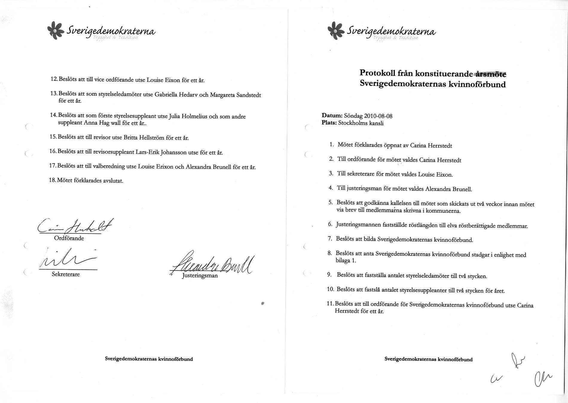 2. Förfalskat protokoll Enligt reglerna måste ett kvinnoförbund existera för att ett parti ska få söka bidrag för det. Därför upprättade Daniel Assai, då en av Jimmie Åkessons närmaste medarbetare, ett förfalskat styrelseprotokoll som skulle skickas in till nämnden om de krävde bevis för förbundets existens. Enligt det falska protokollet skulle ett årsmöte ha ägt rum på SD:s kansli i Stockholm den 8 augusti 2010. Dokumentet undertecknades av riksdagsledamoten Carina Herrstedt, Louise Erixson - Jimmie Åkessons sambo, och Alexandra Brunell.