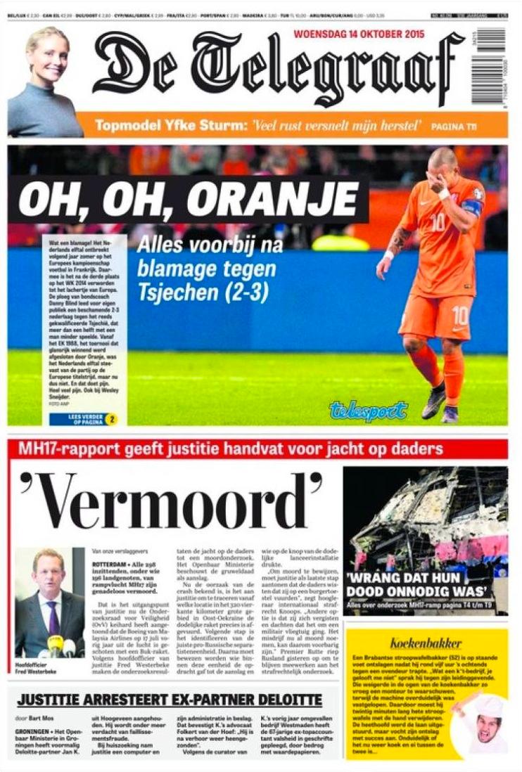 Dagens tidningsframsida för holländska De Telegraaf.