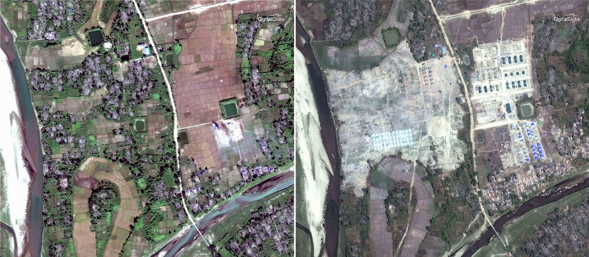 Två satellitbilder på byn Thit Tone Nar Gwa Son i delstaten Rakhine, tagna med några månaders mellanrum. Arkivbild.