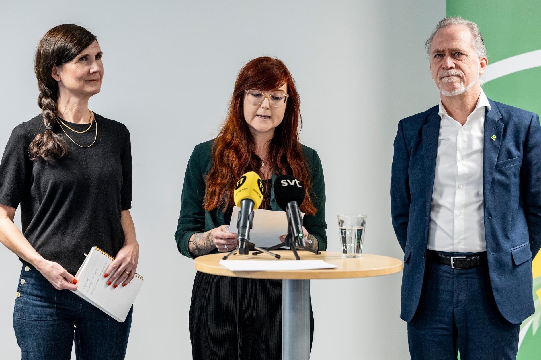 Märta Stenevi, Louise Arndt och Daniel Helldén under Miljöpartiets presskonferens.
