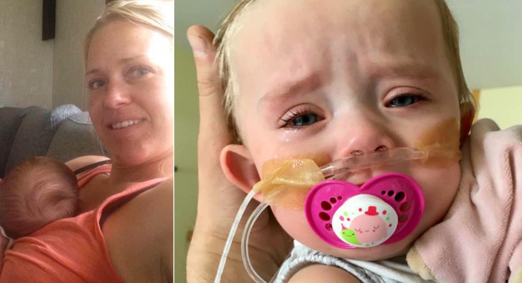 Matilda Cederberg med sin dotter. Till höger: Bilden på när åtta månader gamla Hilma drabbats av RS-virus ifjol.