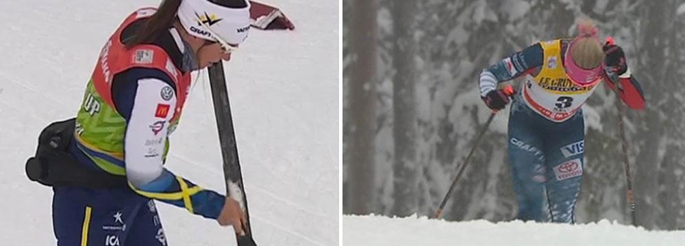 Charlotte Kalla syntes stå och skrapa bort snö på skidorna innan starten, och Kikkan Randall fick stanna och rensa snö i början av loppet.