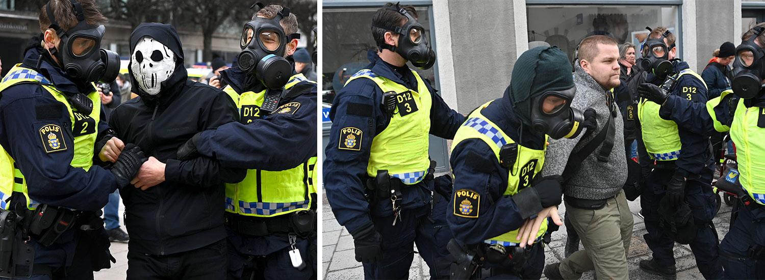 Demonstranter förs bort av polis i Stockholm. Polisen bar masker som skydd för eventuell virussmitta. Många av de som demonstrerade uttryckte sitt ogillande mot rådet att bära munskydd i folksamlingar och kollektivtrafik och menade att det känns ”omänskligt” att inte se varandras munnar. De upplever också att de inte får ”frisk luft” med munskydd på.