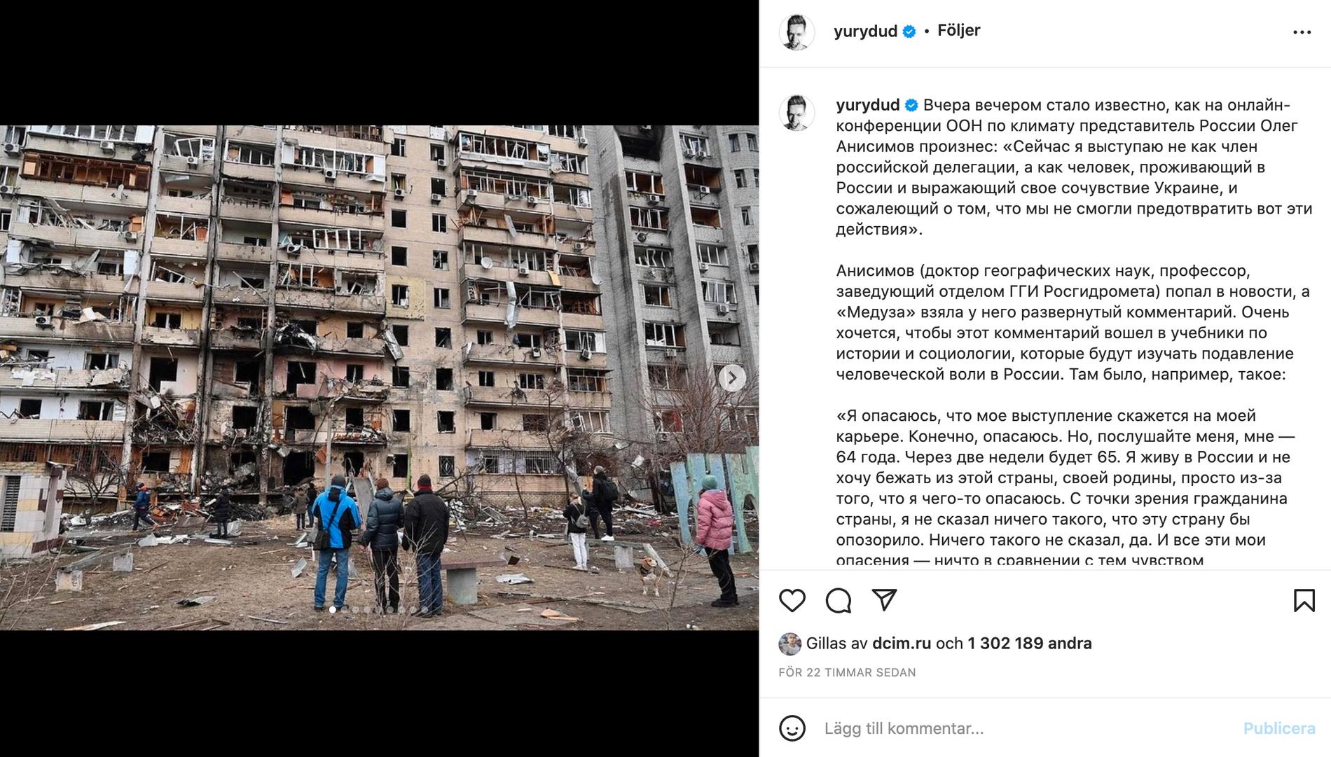 Jurys Duds anti-krigsinlägg på Instagram.