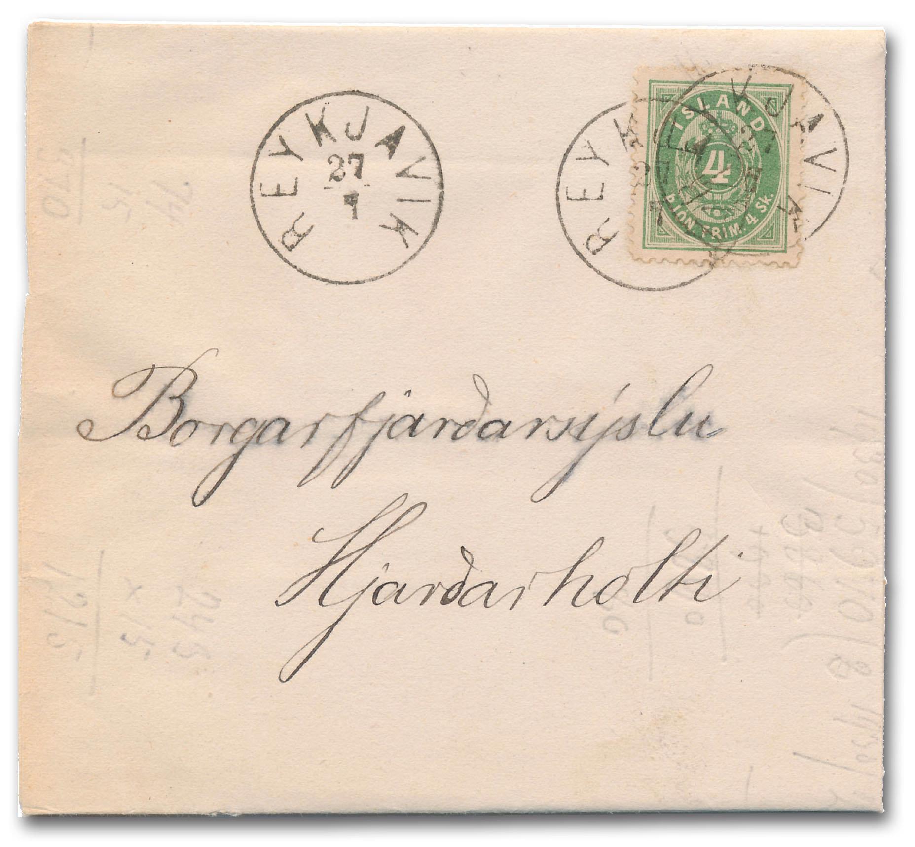 Ett brev med Islands första frimärkesutgåva.