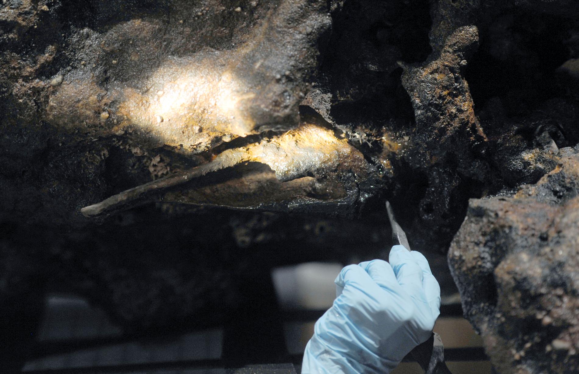 Arkeologen Mary Kesten Zahn undersöker ett ben från vraket för att avgöra om det verkligen är kvarlevorna från ”Black Sam”.
