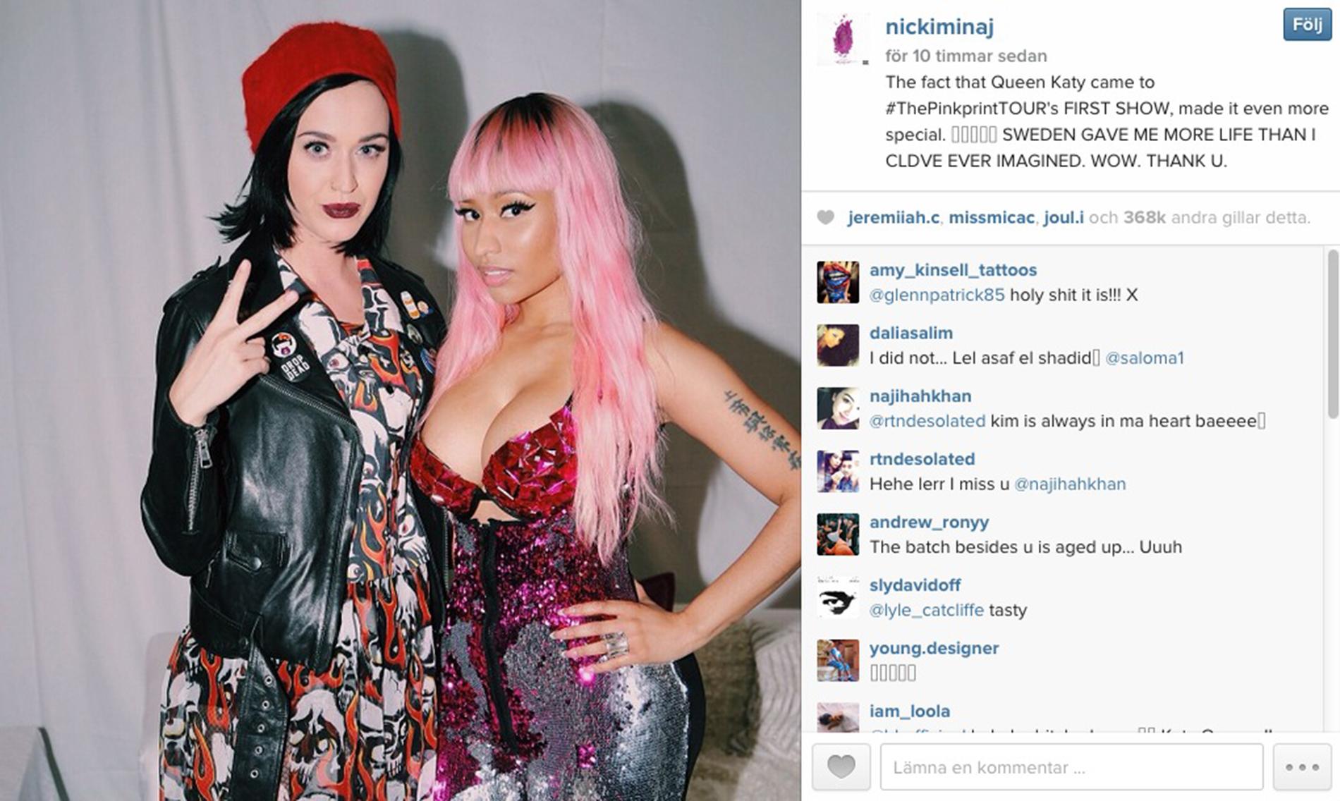 Nicki Minaj var glad och tacksam över att Katy Perry anslöt sig till svenska publiken på måndagens Globenshow.