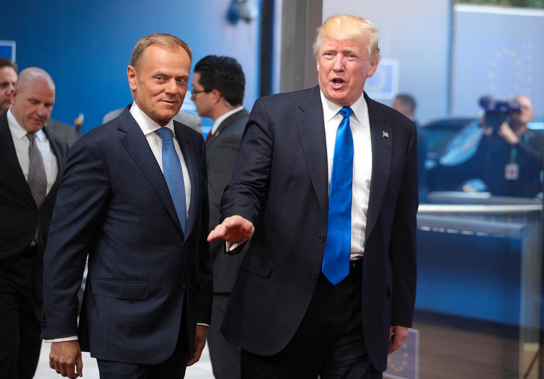 EU:s permanente rådsordförande Donald Tusk tillsammans med USA:s president Donald Trump i Bryssel i maj förra året.