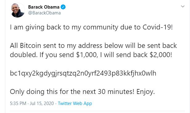 Inlägget på USA:s tidigare president Barack Obamas Twitter under onsdagen, där han bad sina följare sätta in pengar på ett länkat konto.
