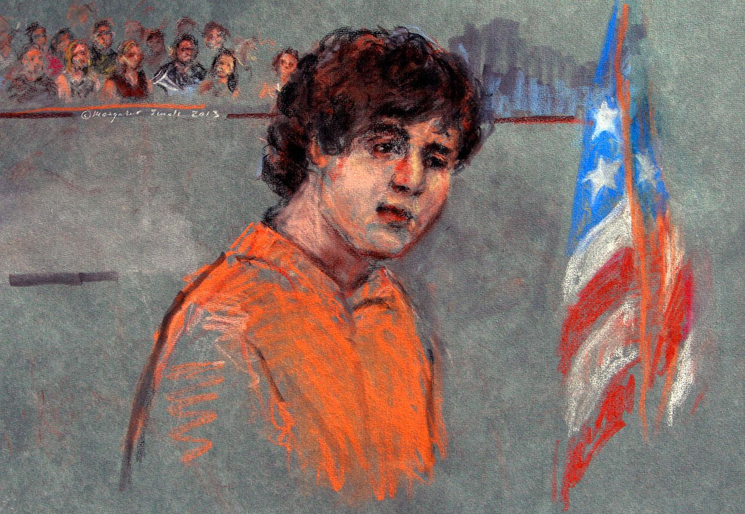 En teckning av Dzjochar Tsarnajev i rättssalen.