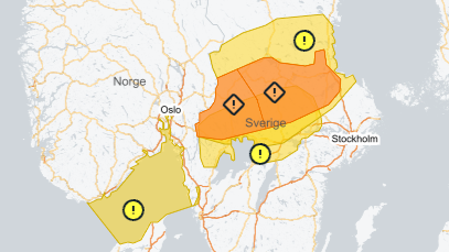Den orangefärgade varningen sträcker sig över hela landet – från norska gränsen ända till Östersjön.