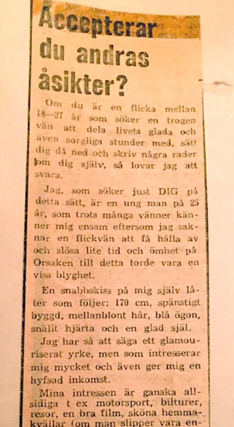 Kontaktannonsen i Aftonbladet från den 30 oktober 1969.