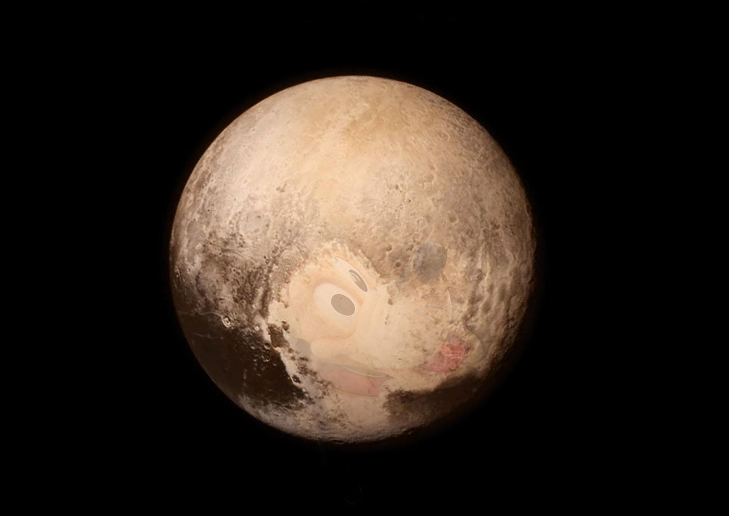 Plutos ishjärta kan också liknas vid en siluett av Walt Disneys seriefigur Pluto. OBS! Bilden är ett montage.