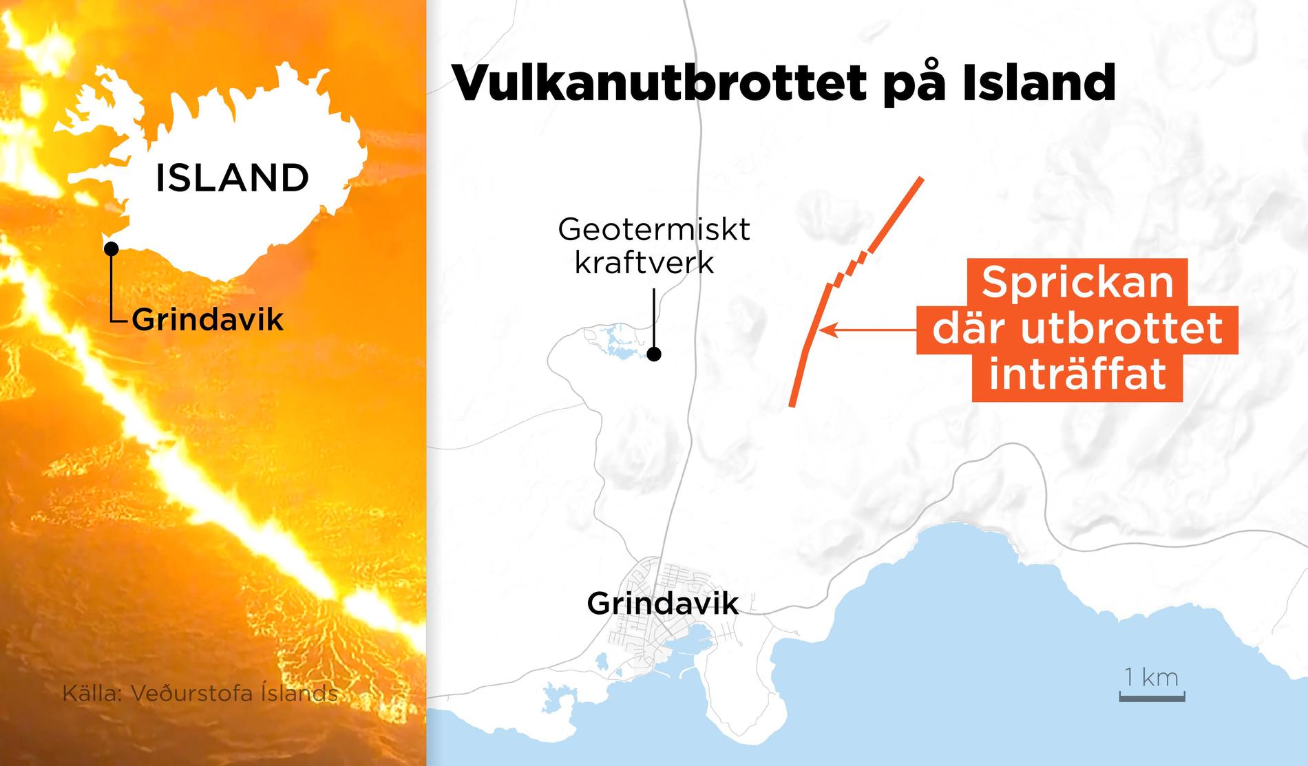 Kartan visar sprickan där utbrottet inträffat cirka tre kilometer från samhället Grindavik.