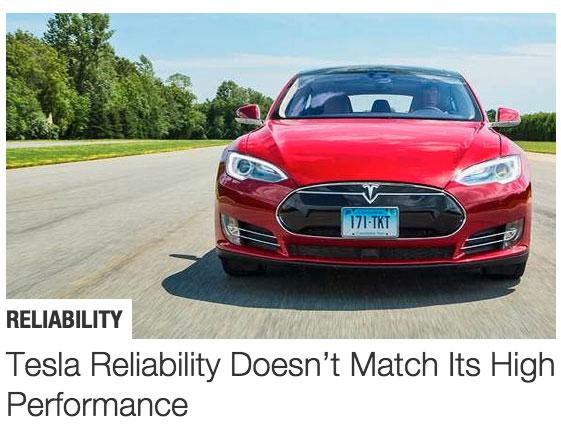 Consumer Reports skriver att Tesla har stora kvalitetsbrister med Model S. Modellen hamnar 43 procent under genomsnittsbilen och placeras i kategorin ”rekommenderas ej”.