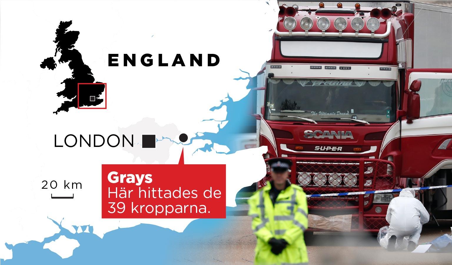 De 39 kropparna hittades i en lastbilscontainer i Grays, öster om London.