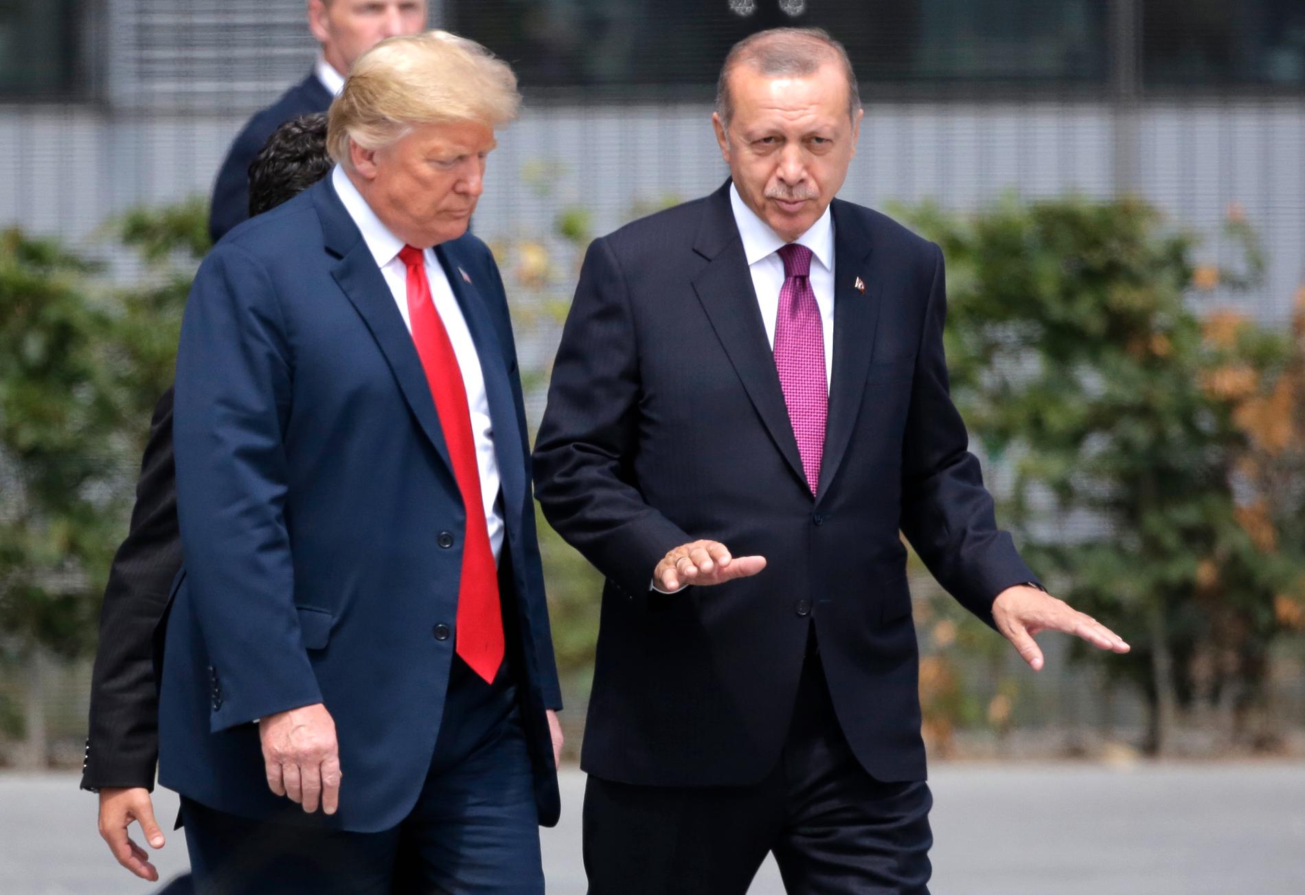 USA:s president Donald Trump och Turkiets president Recep Tayyip Erdogan förra sommaren. Arkivbild.