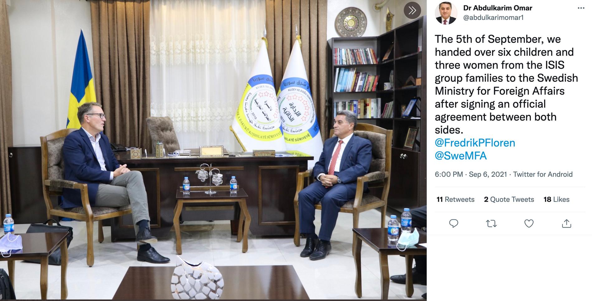 Abdulkarim Omar från den autonoma administrationen i norra och östra Syrien publicerade en bild på Twitter från mötet med Fredrik Florén den 5 september. 