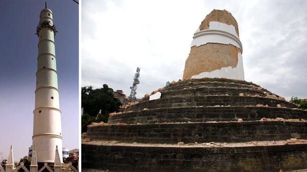 Dharahara-tornet före och efter jordbävningen.