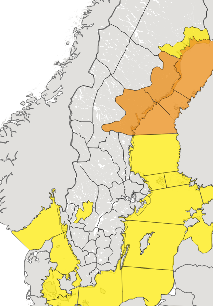 SMHI:s vädervarningar på torsdagsmorgonen.