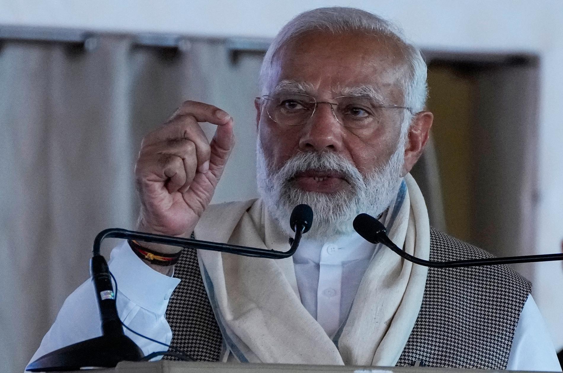 Indiens premiärminister Narendra Modi håller tal, bild från 12 mars.