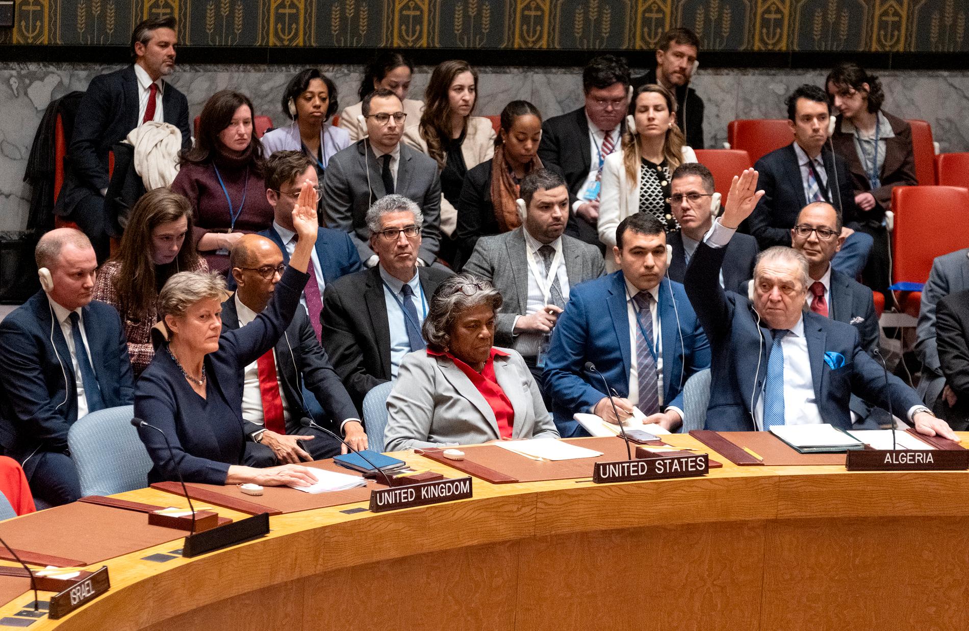 USA:s representant Linda Thomas-Greenfield lade ner sin röst under omrötsningen i FN:s säkerhetsråd. 