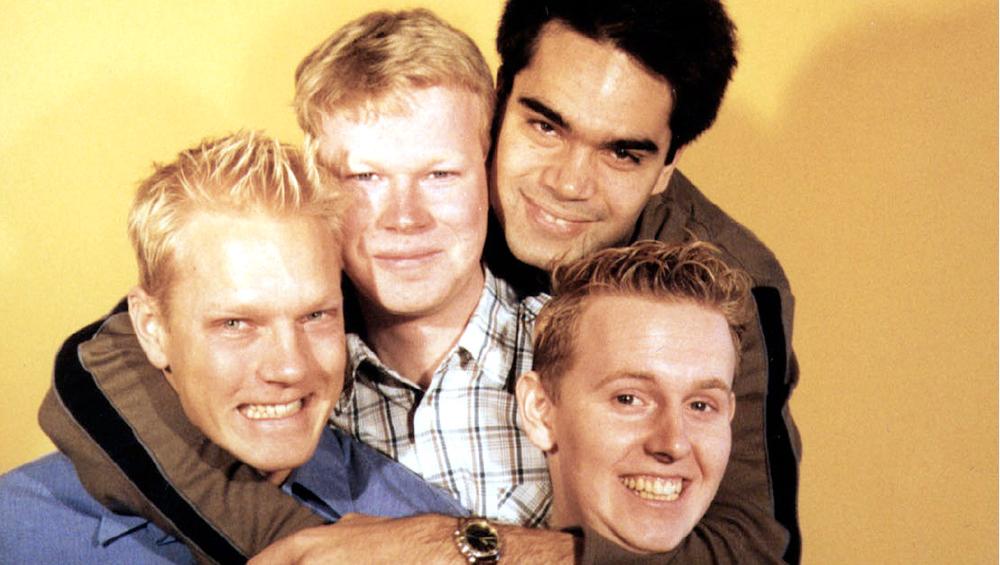 ”Släng dig i brunnen” 1999: Thomas Järvheden, Johan Glans, David Batra och Måns Möller,