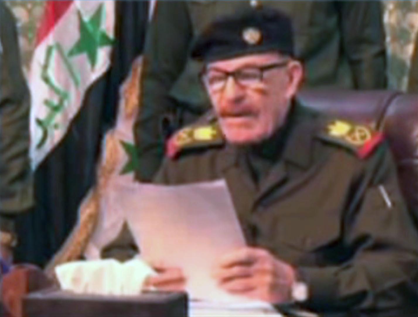 Izzat al-Douri 2012. På videon som bilden är tagen från går han till attack mot den nya shia-ledda irakiska regeringen.