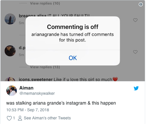 Artisten Ariana Grande tvingades stänga av kommentarsfunktionen på sitt Instagram.