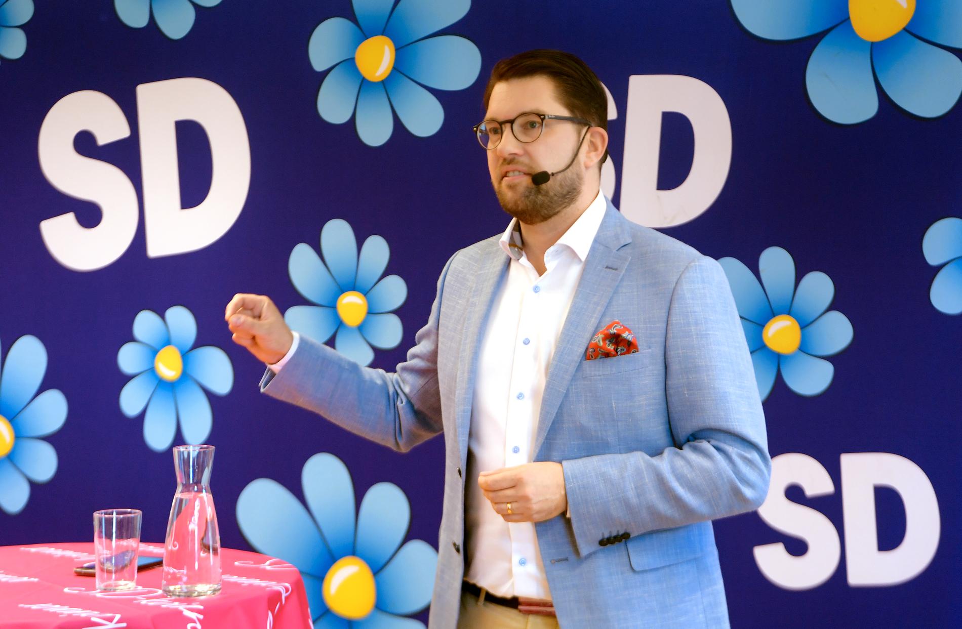 Jimmie Åkesson håller  tal inför Sverigedemokraternas kvinnoförbund.