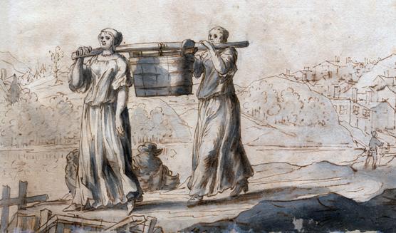 Vattenbärande kvinnor (eller män?) i Sverige i slutet av 1600-talet, tecknade av konstnären och resenären Lorenzo Magalotti.