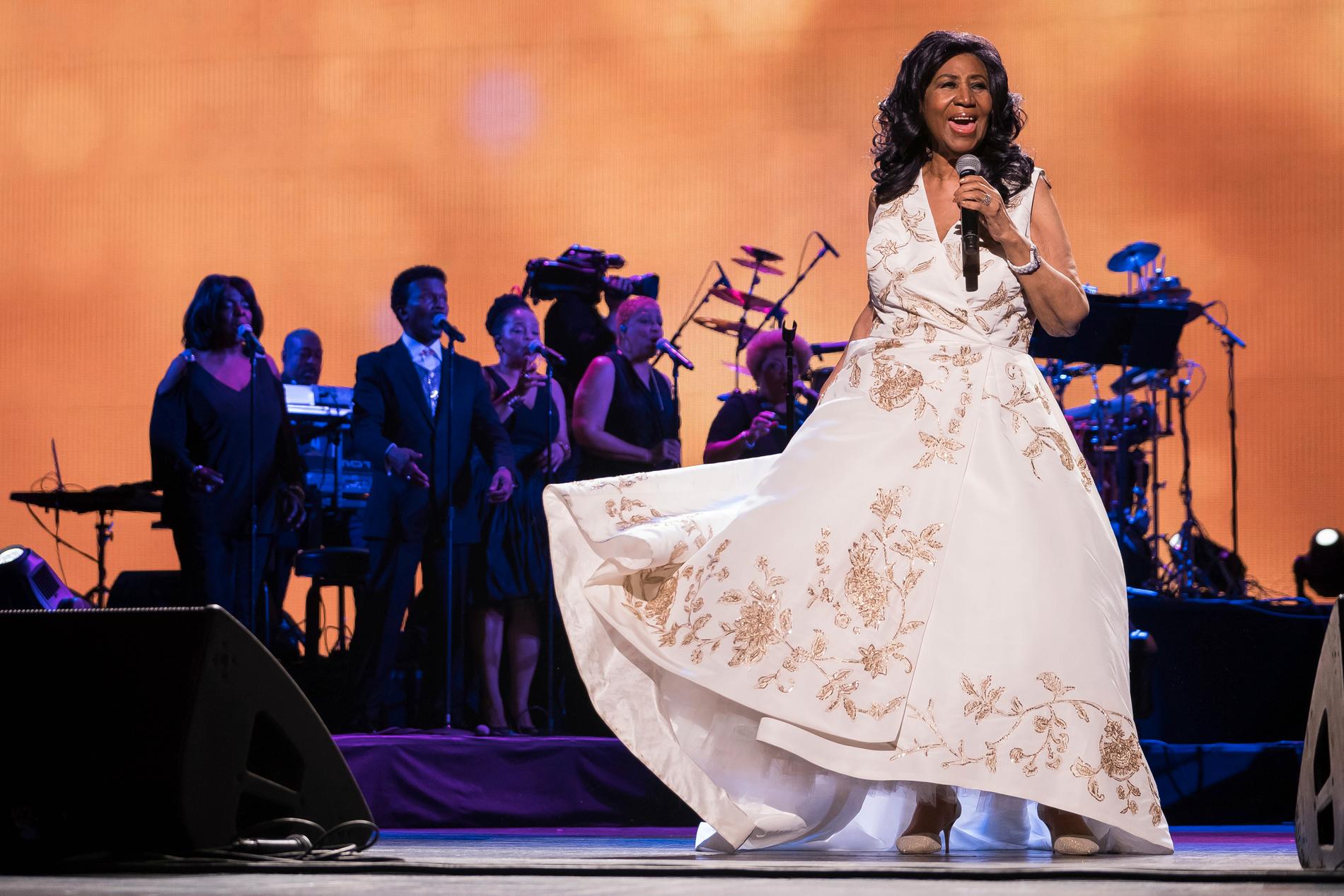 Aretha Franklin uppträder på premiären av dokumentärfilmen ”Clive Davis: The Soundtrack of our lives” i april 2017.
