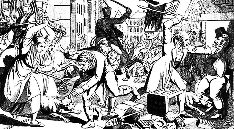 Samtida illustration av ett antisemtiskt upplopp i Frankfurt 1819.