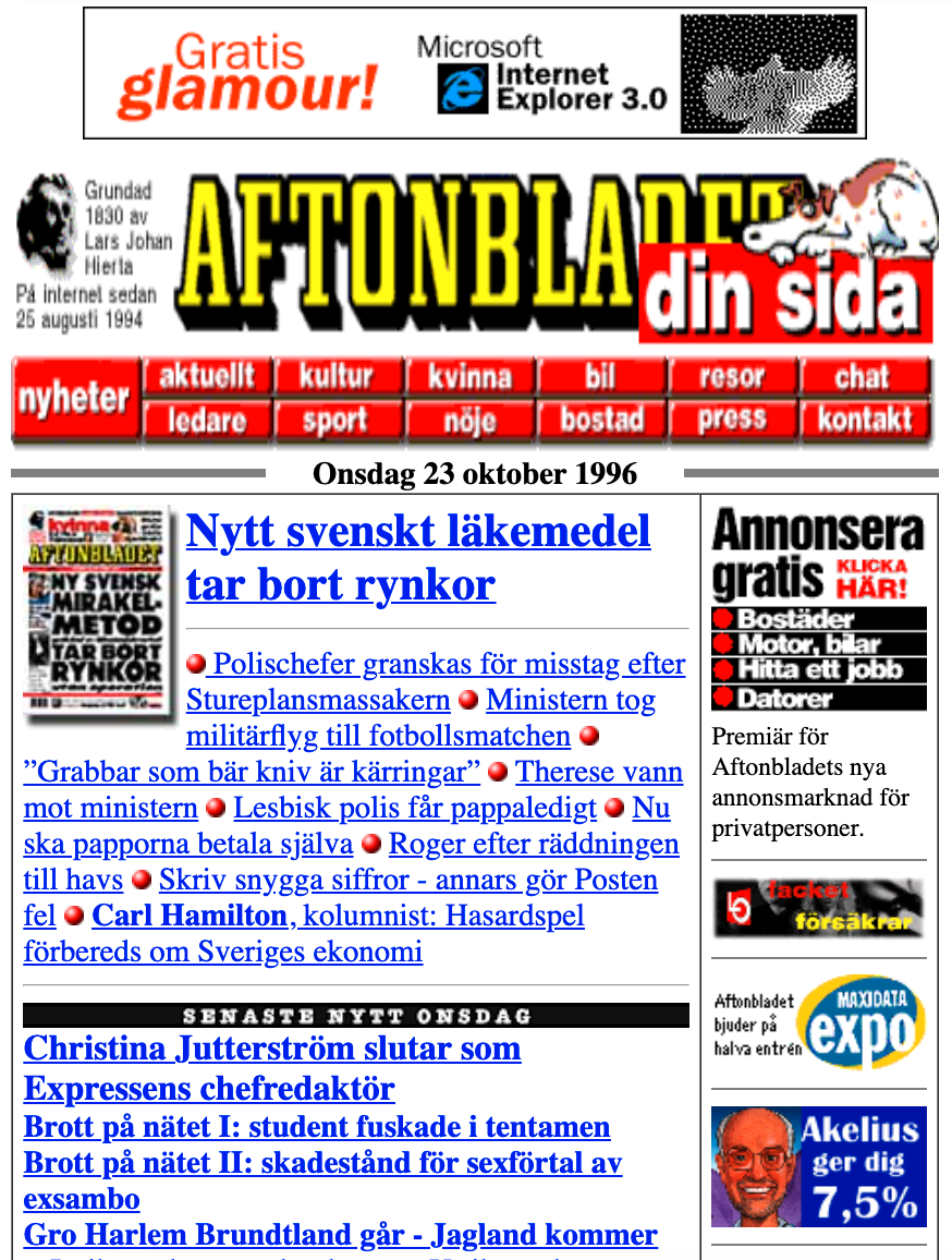 En tidig nätversion av Aftonbladet. Skärmdumpen är från 1996.