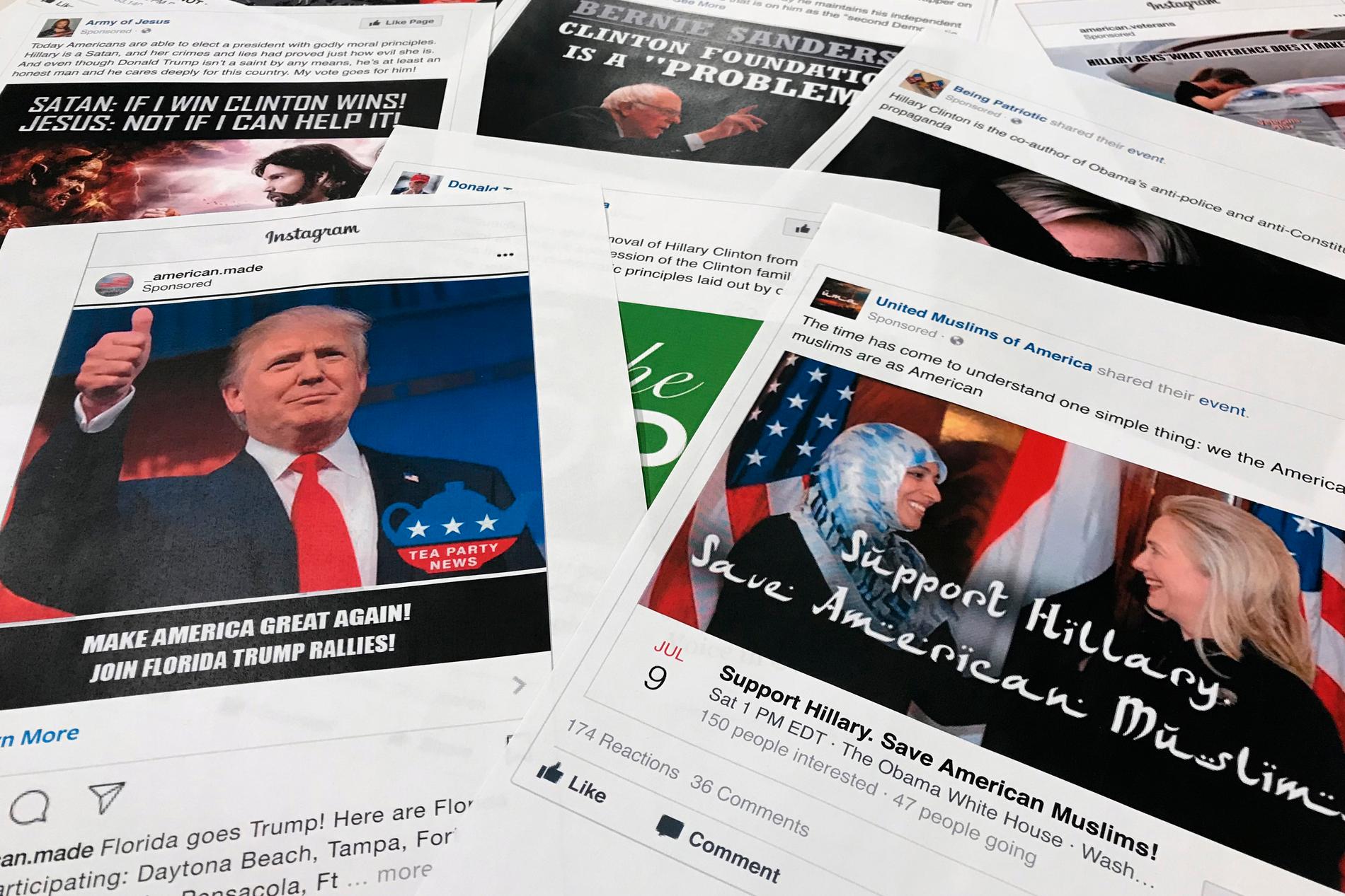 Annonser på Facebook och Instagram som kopplats till ryska försök att påverka amerikansk politik. Arkivbild.