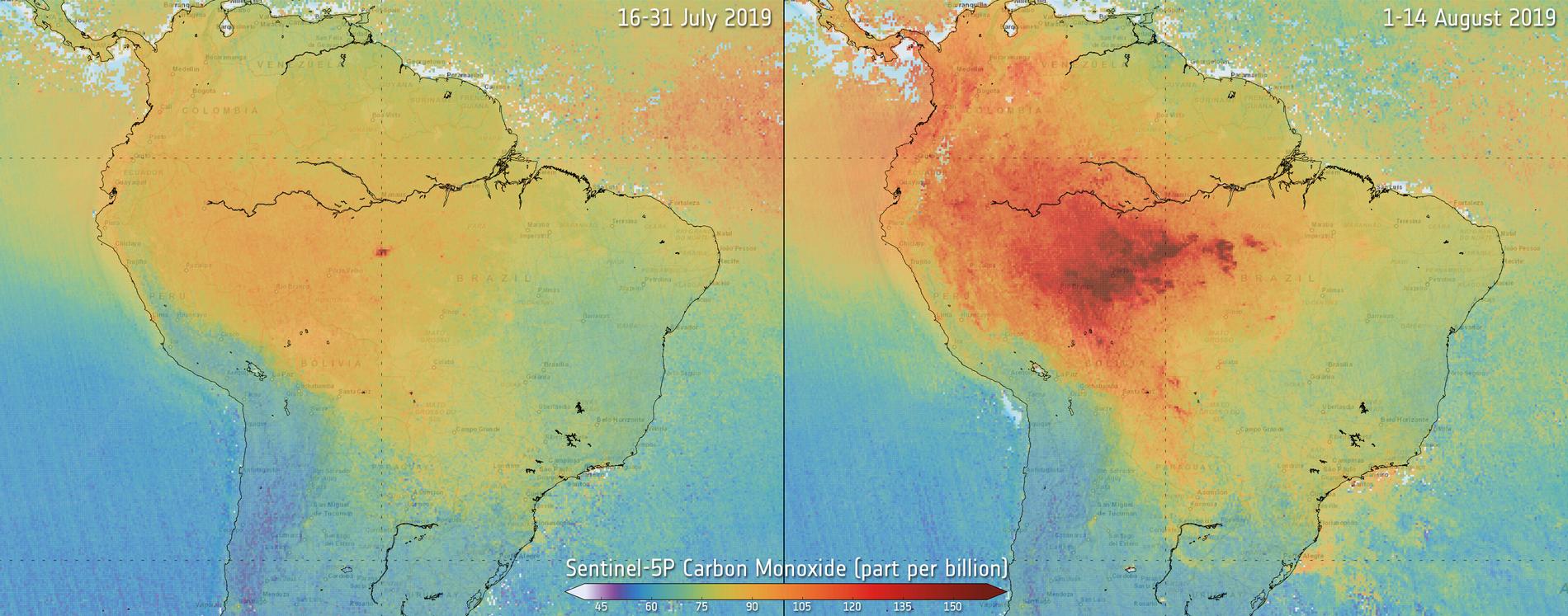 Satellitbild från European Space Agency visar kolmonoxidutsläppen under bränderna i Amazonas juli–augusti 2019.