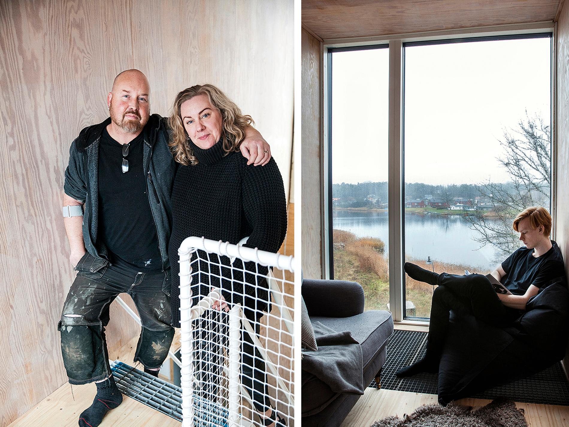 Thomas och Linda har byggt Sveriges första permanentboende av  containrar. Isak läser i örnnästet med utsikt över sjön. Härifrån är det 15 meter ner till vägen nedanför. Gallerdurken finns även i trappan till övervåningen och i hyllorna i köket.