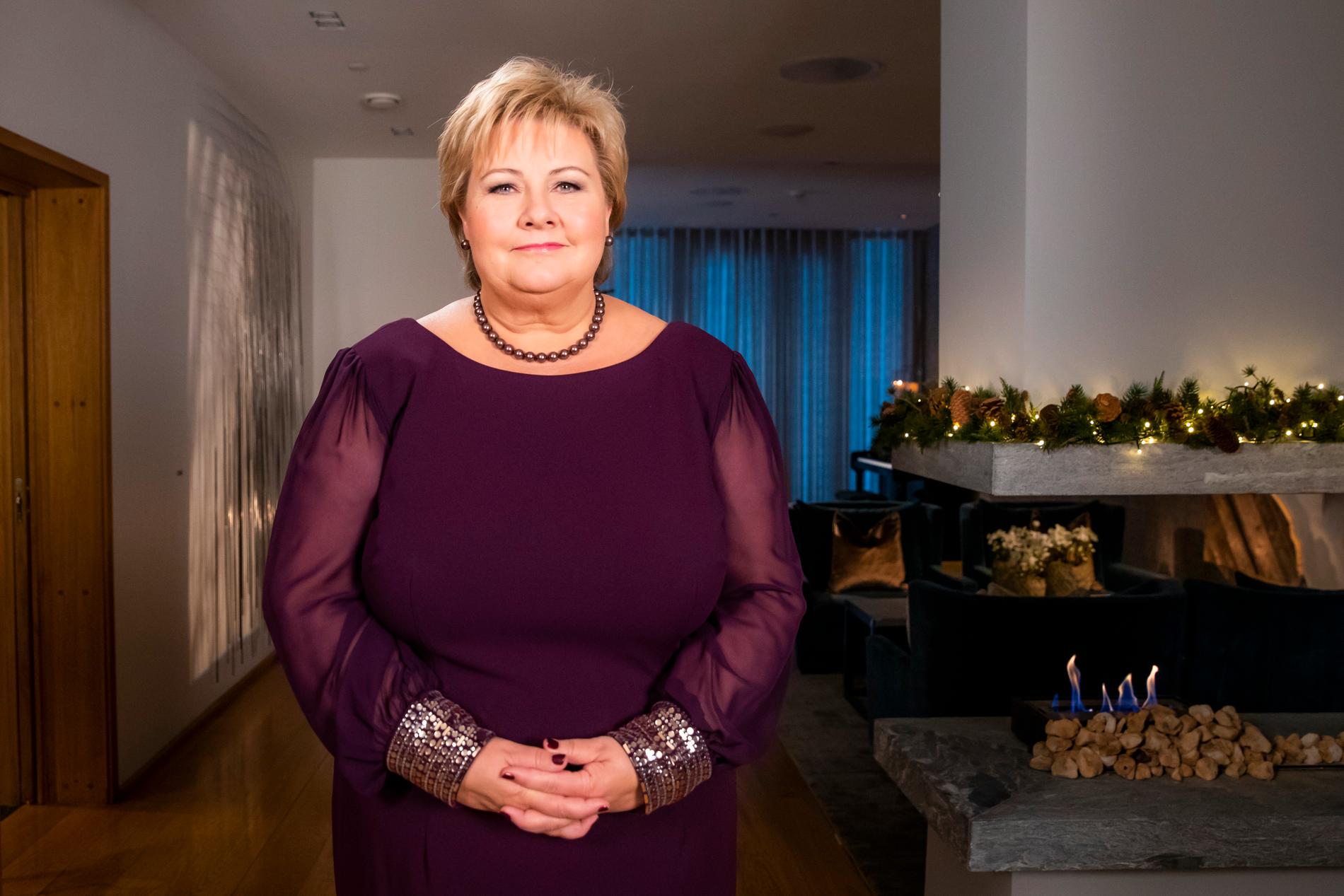 Statsminister Erna Solberg (H) håller sitt nyårstal i statsministervåningen.