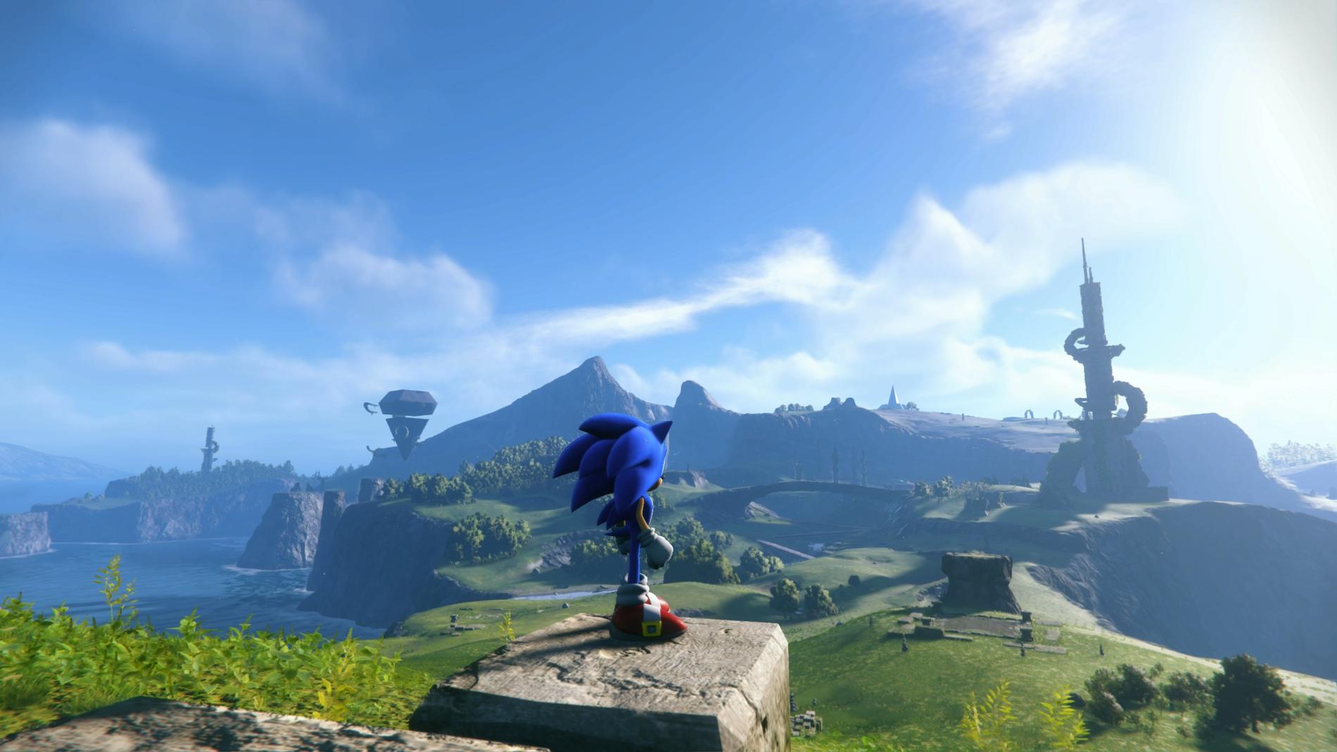 Sonic tittar ut över vidderna. I "Sonic frontiers" får han större utrymmen att röra sig över. Pressbild.