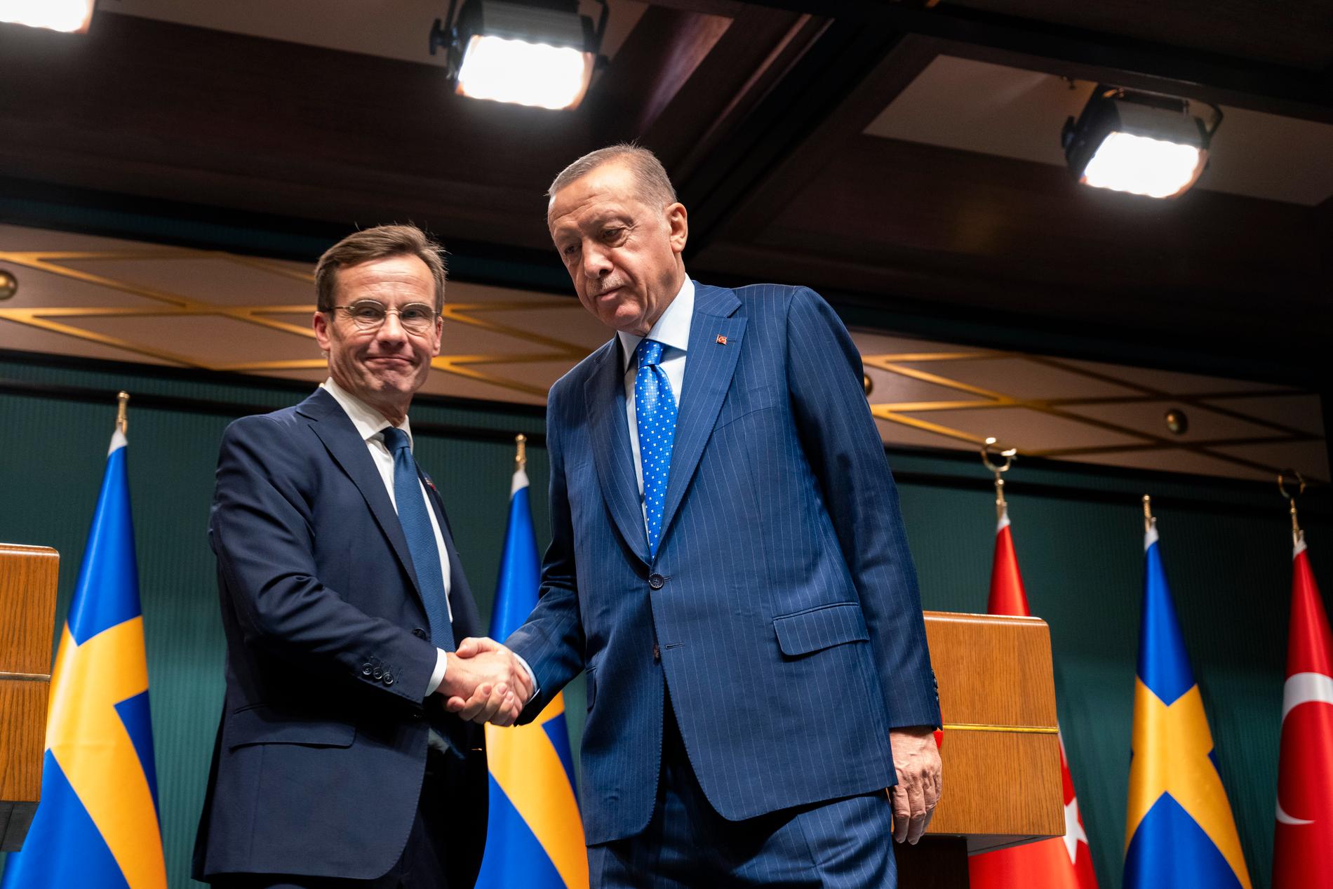 Sveriges statsminister Ulf Kristersson (M) och Turkiets president Recep Tayyip Erdogan. Arkivbild.