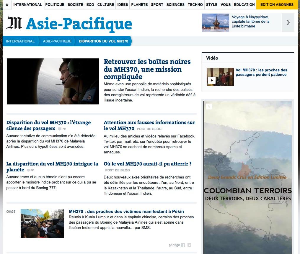 Franska Le Monde fokuserar på sökandet efter MH370 och hur komplicerat arbetet är.