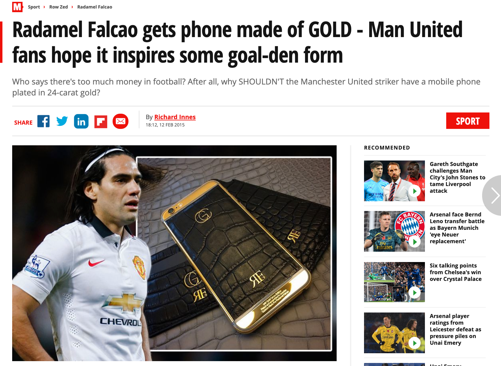 Daily Mirror var en av många brittiska tabloider som skrev om Falcaos dyra mobil när det begav sig.