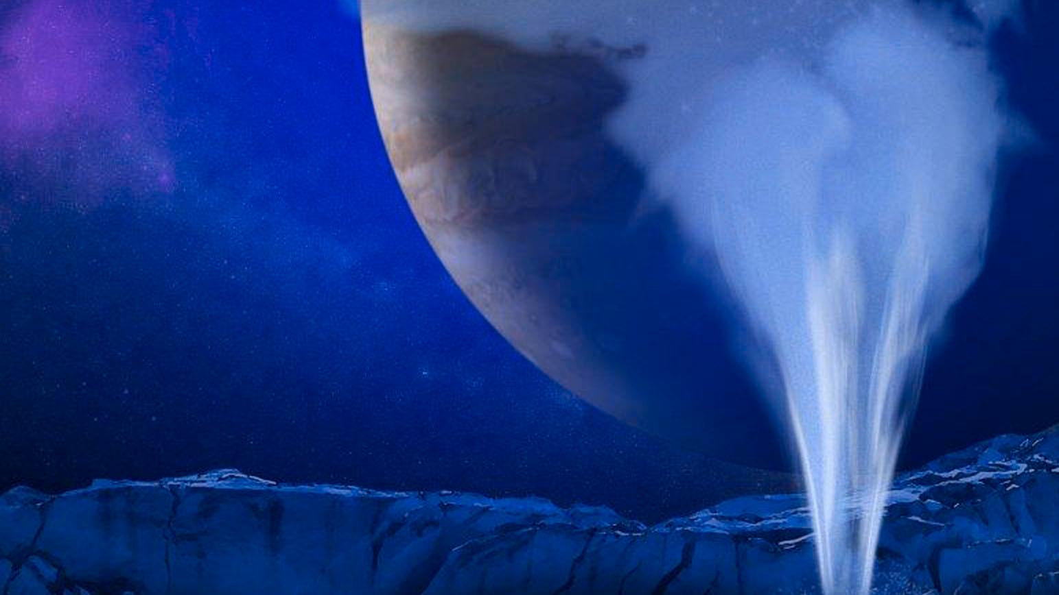 Vattenplym på månen Europa, tolkad av illustratören K Retherford. I bakgrunden syns Jupiter.